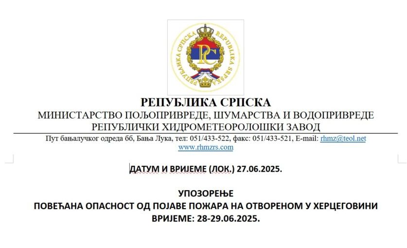 UPOZORENJE ZA VIKEND Povećana opasnost od požara na otvorenom u Hercegovini