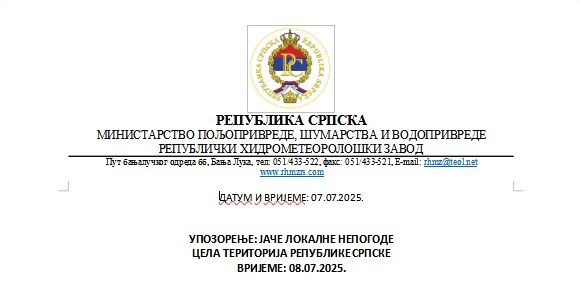 UPOZORENJE NA NEVRIJEME: U utorak jače lokalne nepogode širom Republike Srpske