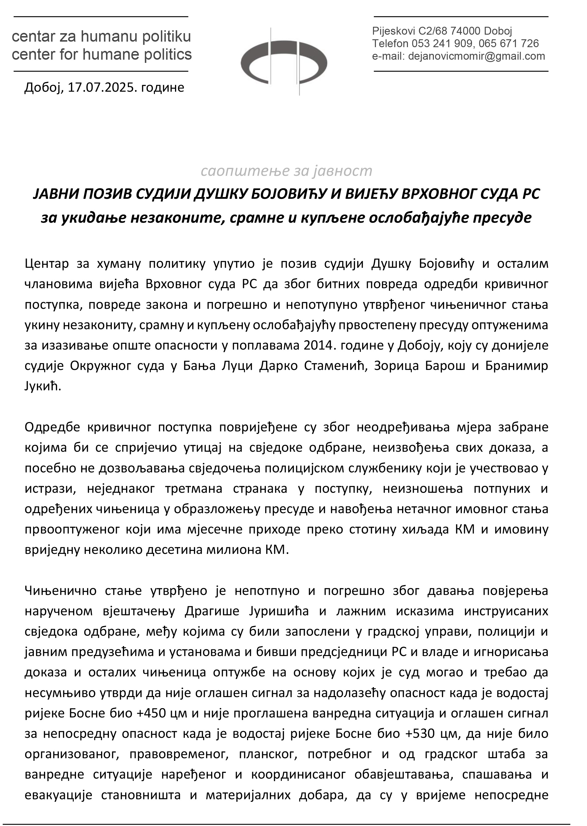 Saopstenje Dejanovic sudjenje 01