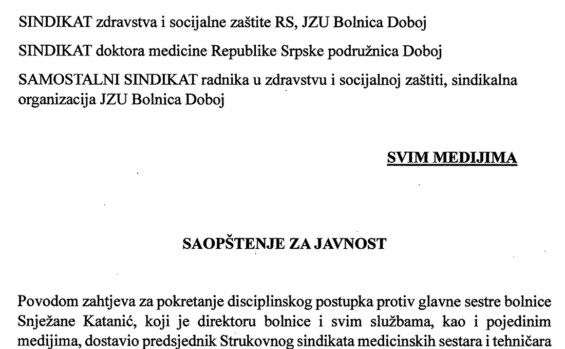 REAKCIJA NA ZAHTJEV ZA SMJENU GLAVNE SESTRE: Tri sindikata bolnice u Doboju stala u odbranu Snježane Katanić