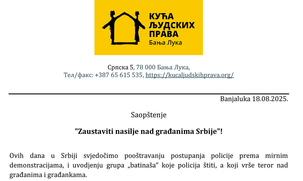 Kuća ljudskih prava Banjaluka: Osuda nasilja nad građanima Srbije