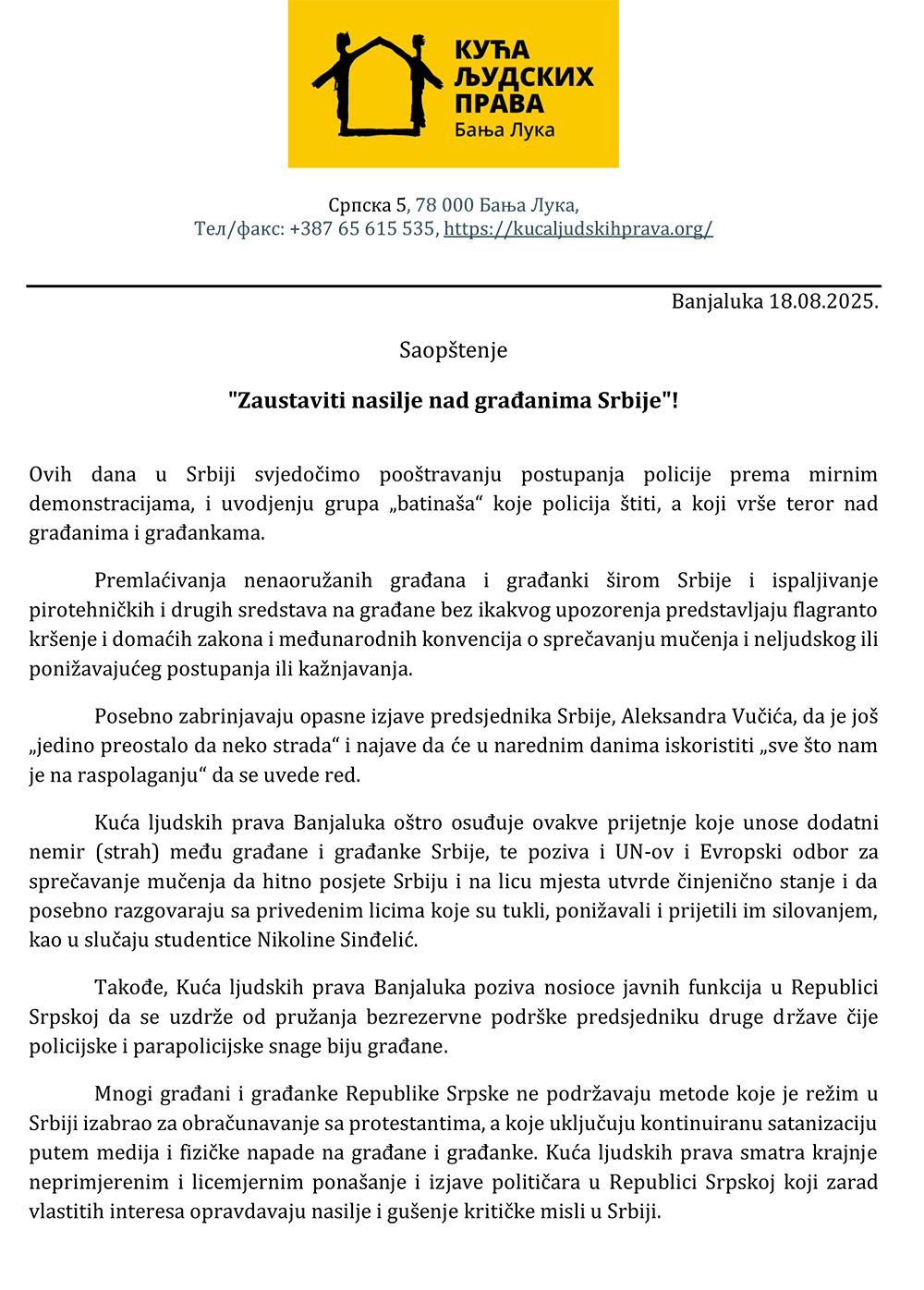 Kuca ljudskih prava Saopstenje nasilje Srbija