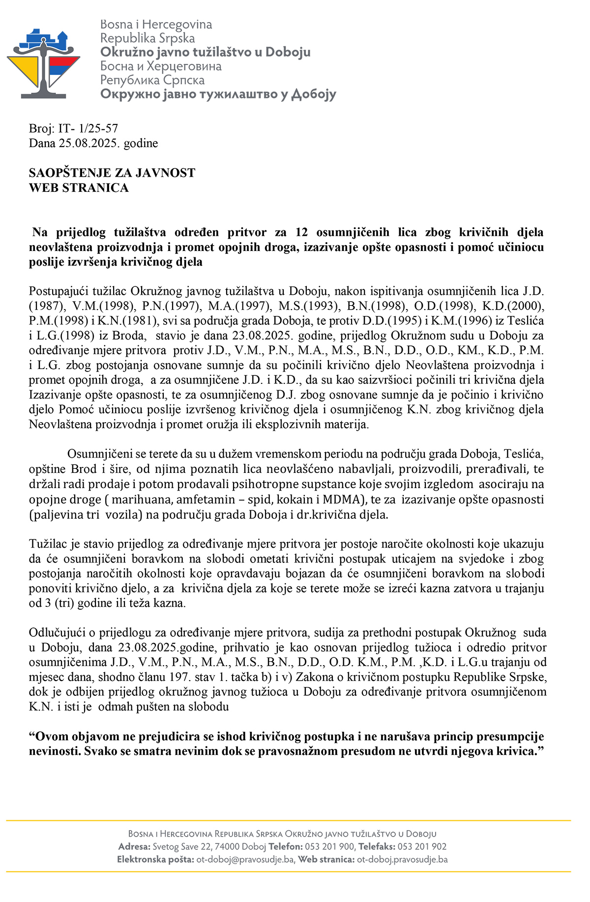 Okruzno tuzilastvo Doboj Saopstenje za javnost od 25.08.2025