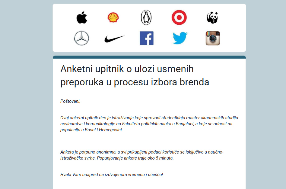 POZIV GRAĐANIMA Studentica s banjalučkog Univerziteta sprovodi istraživanje o uticaju preporuka na izbor brenda