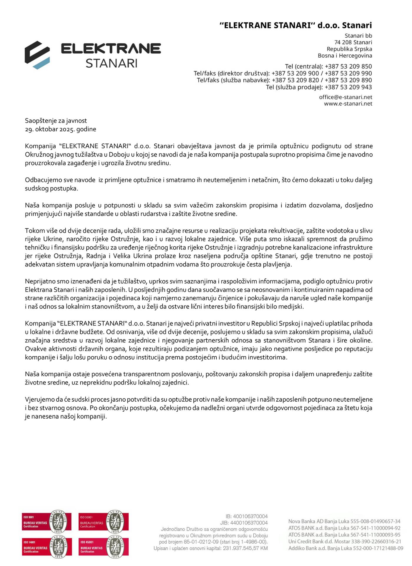Elektrane Stanari Saopštenje za javnost
