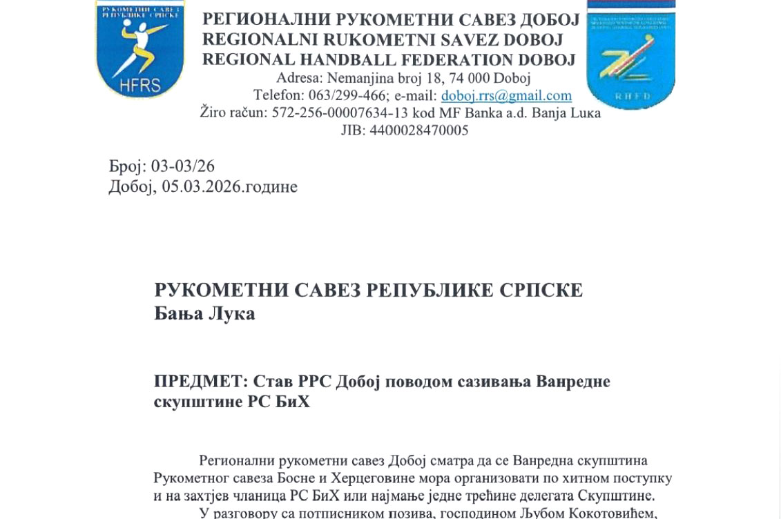 Doboj traži hitnu smjenu rukovodstva Rukometnog saveza BiH: Delegati neće podržati predloženi dnevni red