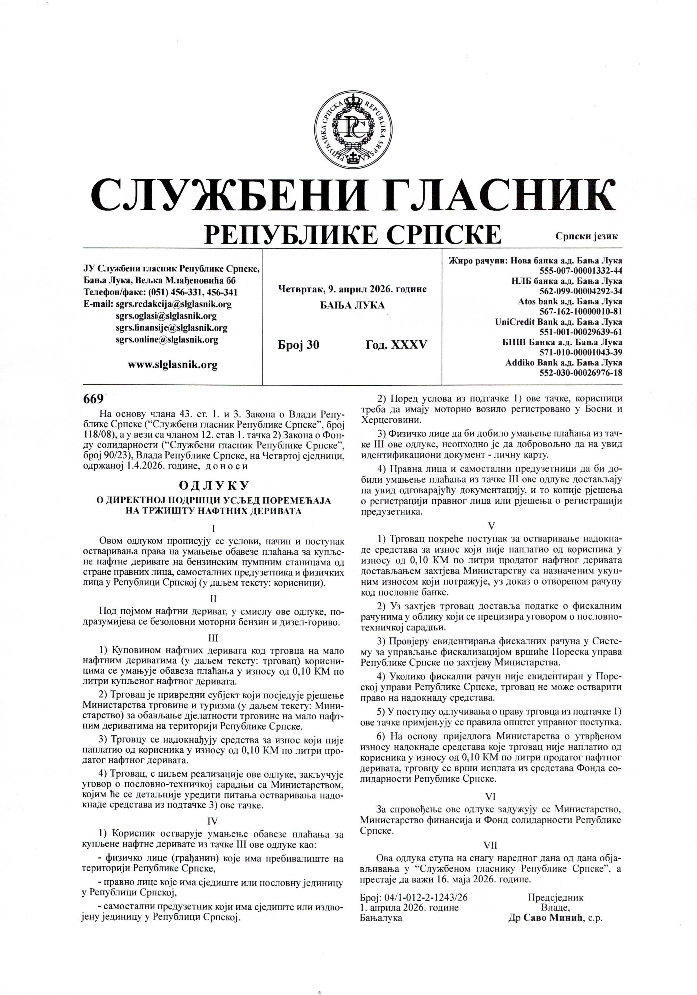 Odluka o direktnoj podrsci usljed poremecaja na trzistu naftnih derivata