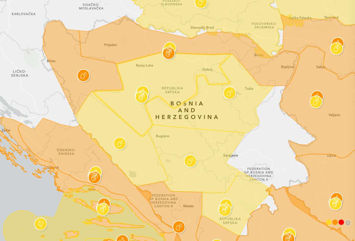 METEOALARM UPOZORENJE: Pljuskovi, grmljavina i mogući bujični problemi na jugu i zapadu Srpske