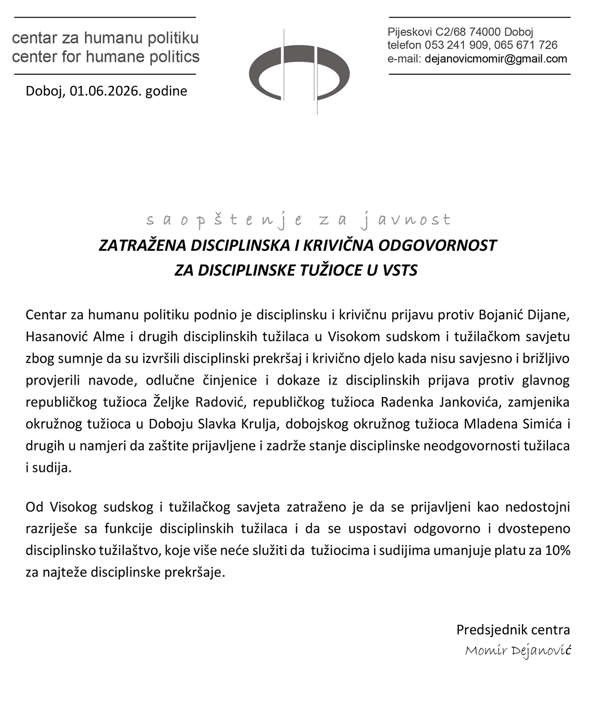 saopstenje Momir Dejanovic CHP Doboj