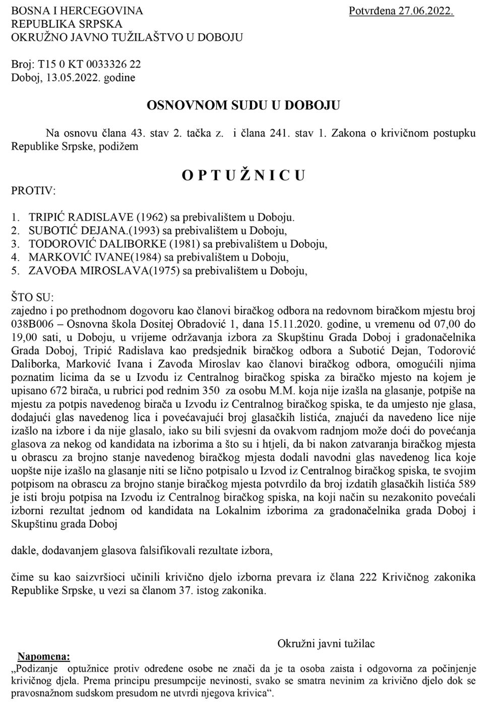 Anonimizirani dispoz optuznice KT 33326 22 izborna prevara1