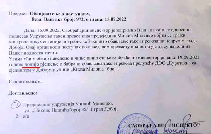 DOBOJ: Zabrana obavljanja taksi prevoza "Eurotaksiju" (FOTO)