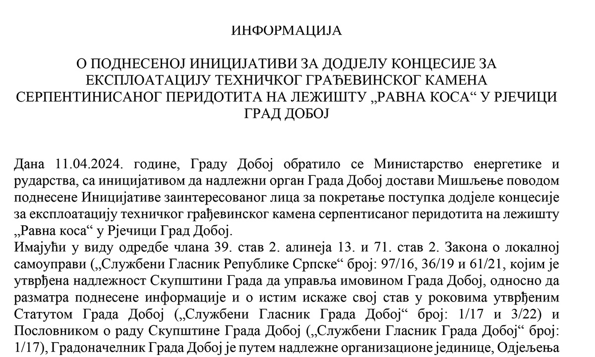 DOBOJSKI INFO NAJAVLJUJE: Rasprava o kontroverznoj inicijativi za dodjelu koncesije za eksploataciju tehničkog građevinskog kamena