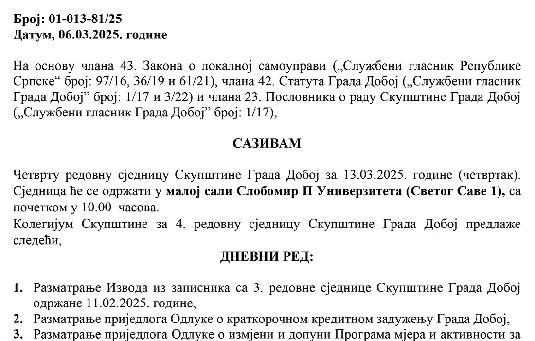 SKUPŠTINA GRADA DOBOJ: Najavljene važne odluke uz ponovnu netransparentnost vlasti