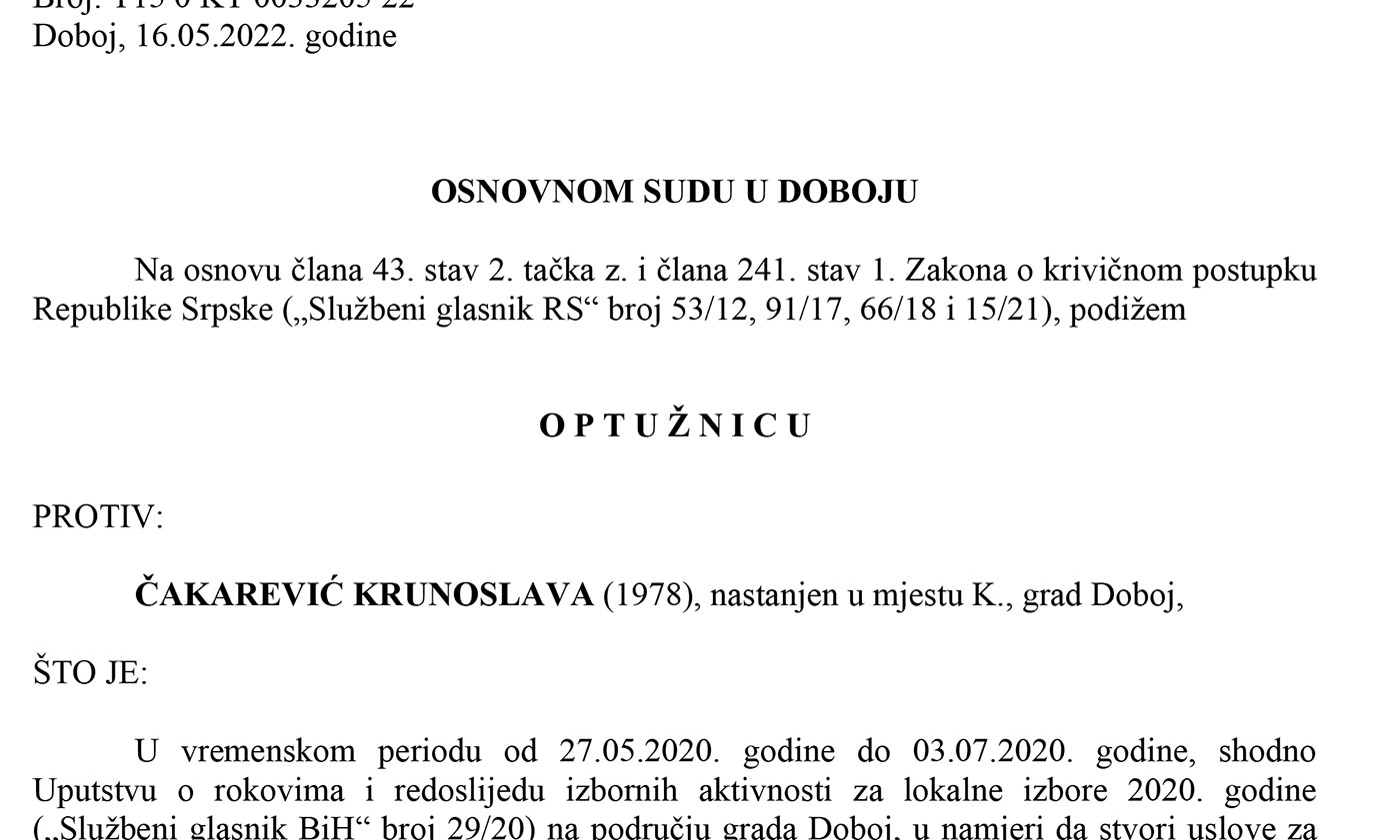 PONIŠTENI IZBORI 2020: Potvrđena optužnica protiv Krunoslava Čakarevića zbog falsifikovanja isprave i neovlaštenog korištenja ličnih podataka