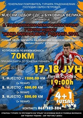 8. MEMORIJALNI TURNIR U MALOM FUDBALU "ŽIKA MILANOVIĆ" RUDANKA 2016: U čast Žike Milanovića