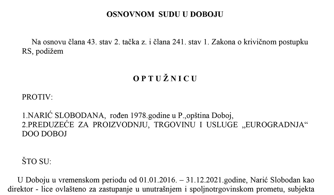 DOBOJ: Podignuta optužnica protiv Slobodana Narića i privrednog društva „Eurogradnja“ Doboj zbog nezakonite eksploatacije prirodnih resursa