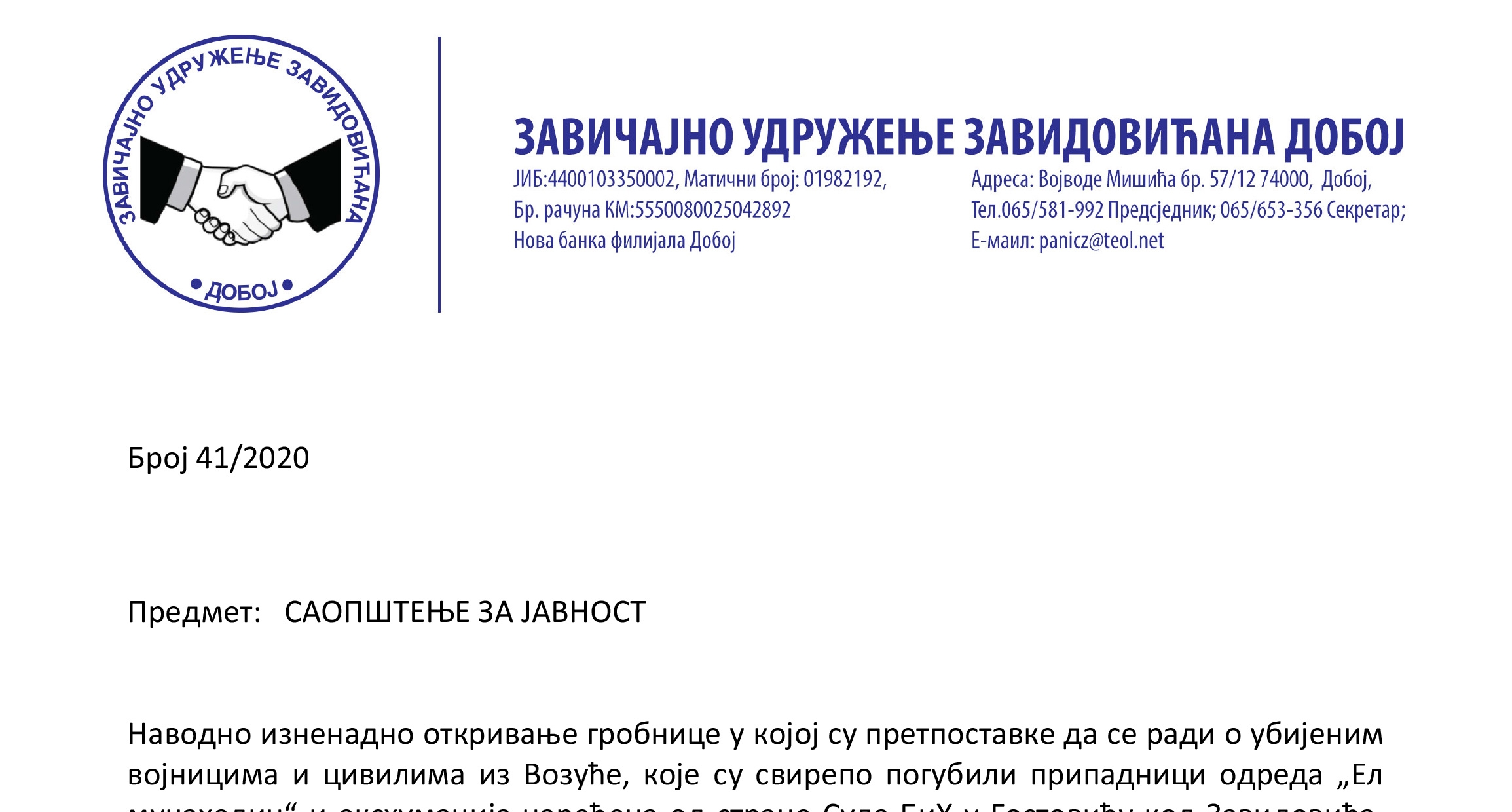 DOBOJ: Reagovanje ZUZ na ekshumacije u Gostoviću kod Zavidovića