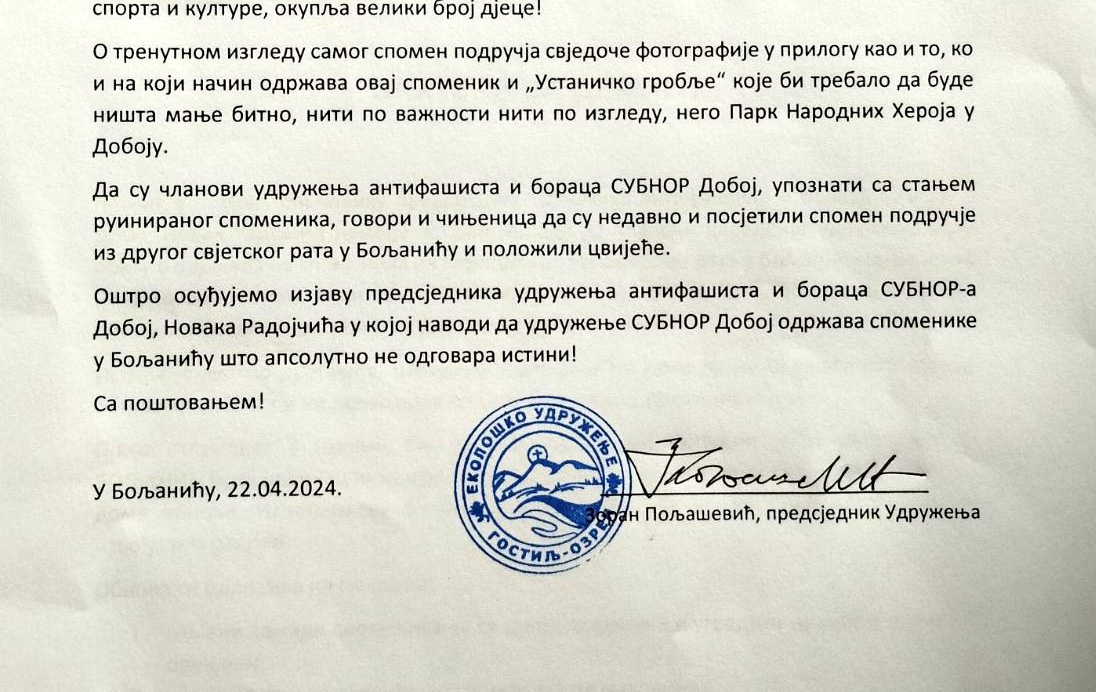 DOBOJ: Ekološko udruženje "Gostilj Ozren" reaguje na navode SRNA