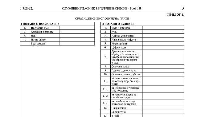 IMA SNAGU IZVRŠNE SUDSKE ISPRAVE Ovako izgleda jedinstveni obrazac platne liste u Srpskoj (FOTO)