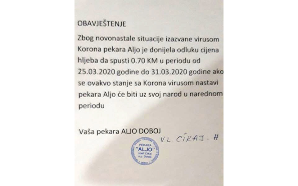 DOBOJ: Pekara "Aljo" snizila cijenu hljeba!