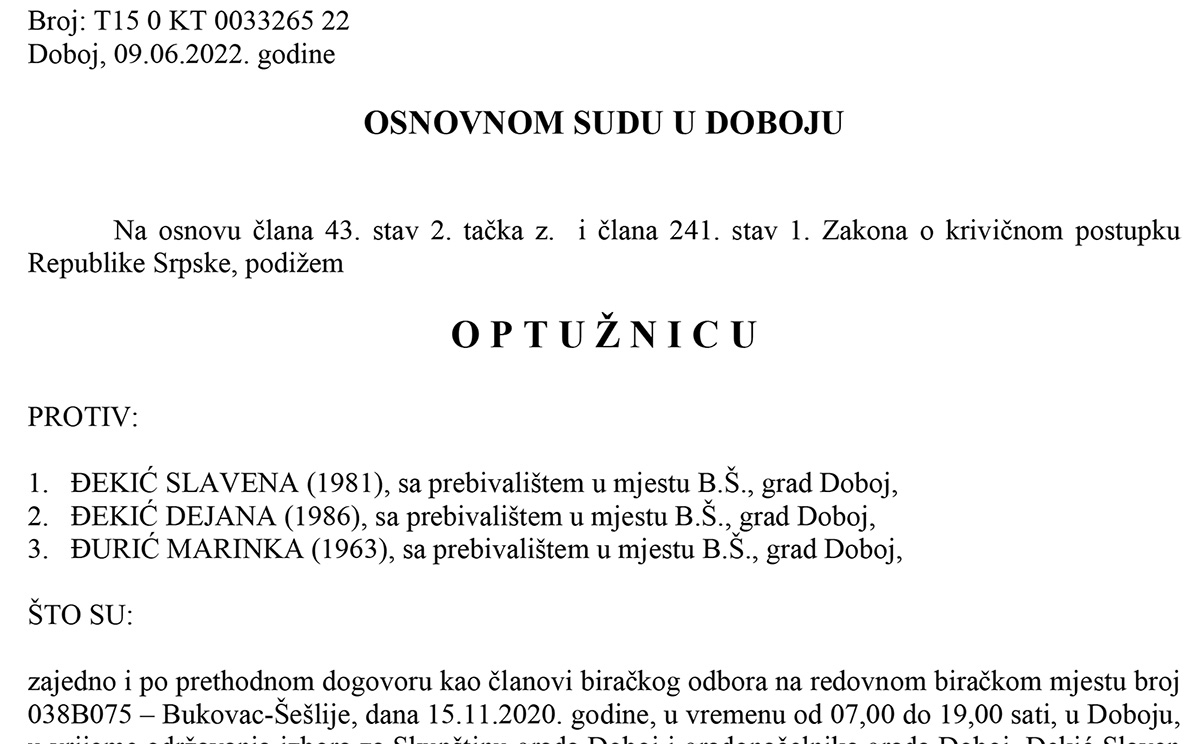 PONIŠTENI IZBORI 2020: Potvrđena optužnica protiv tri člana biračkog odbora zbog izborne prevare - Bukovac - Šešlije