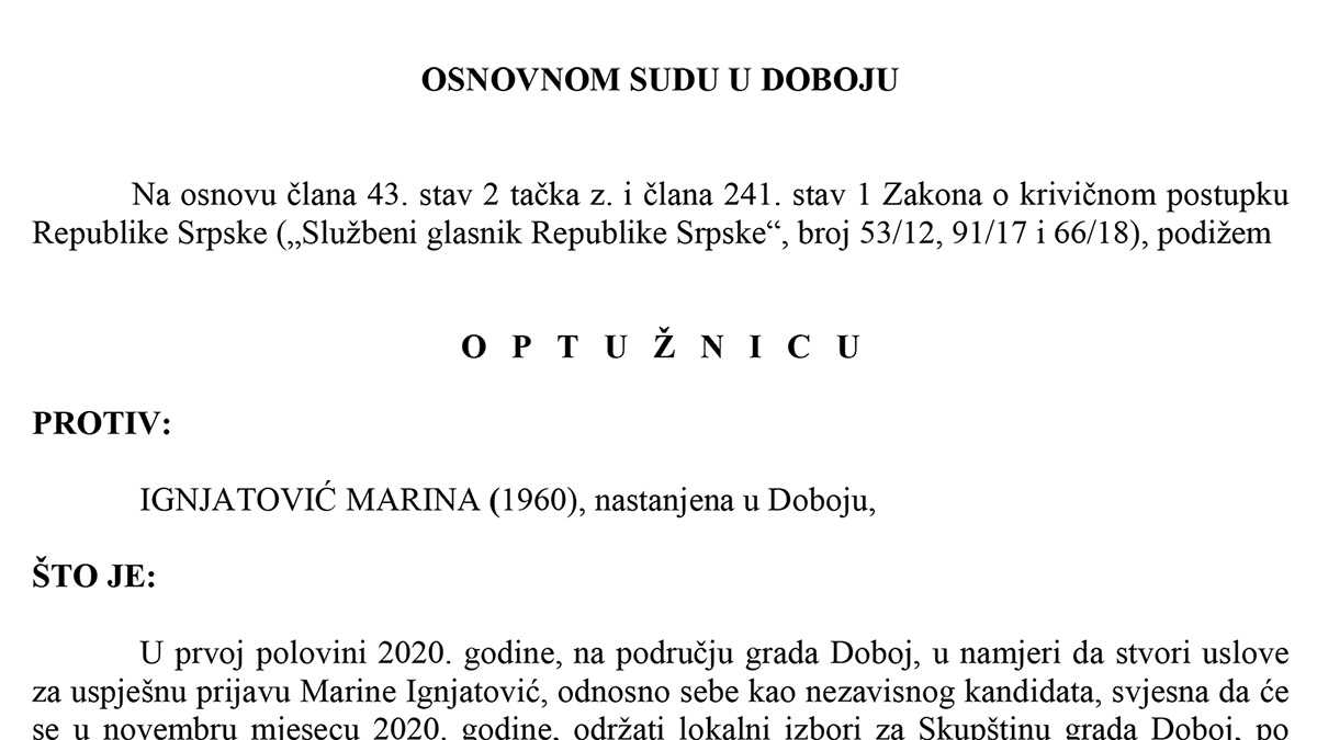 PONIŠTENI IZBORI 2020: Potvrđena optužnica protiv Marine Ignjatović zbog neovlaštenog korištenja ličnih podataka i falsifikovanja isprave