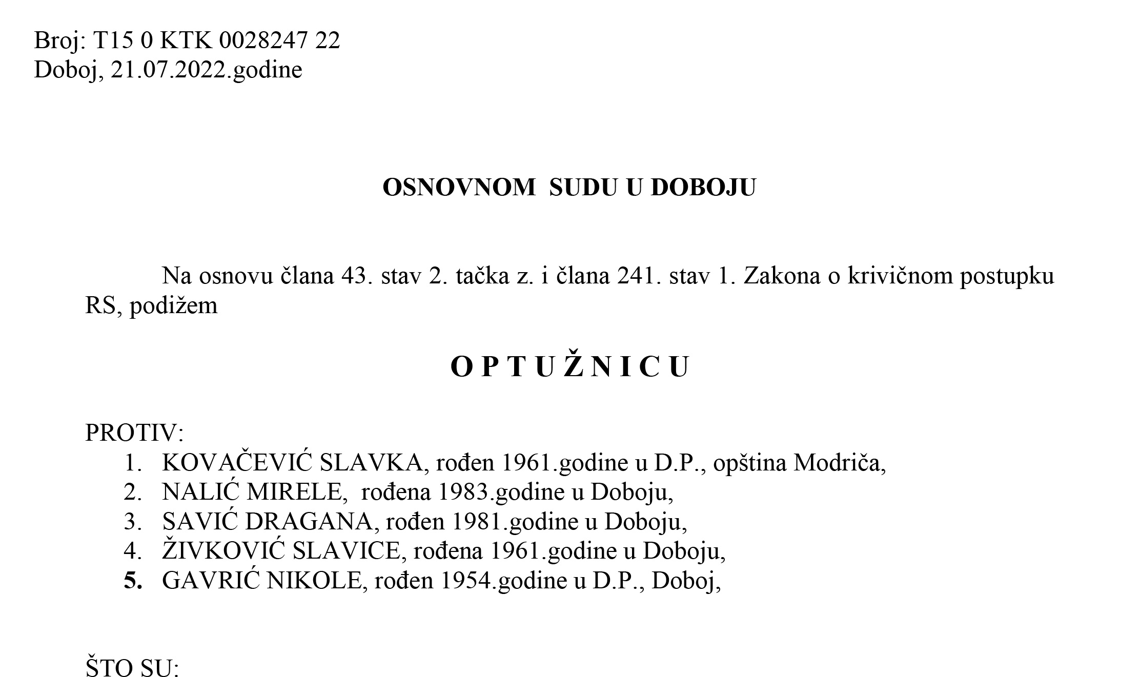 DOBOJ: Potvrđena optužnica protiv Kovačević Slavka, Nalić Mirele, Savić Dragana, Živković Slavice i Gavrić Nikole