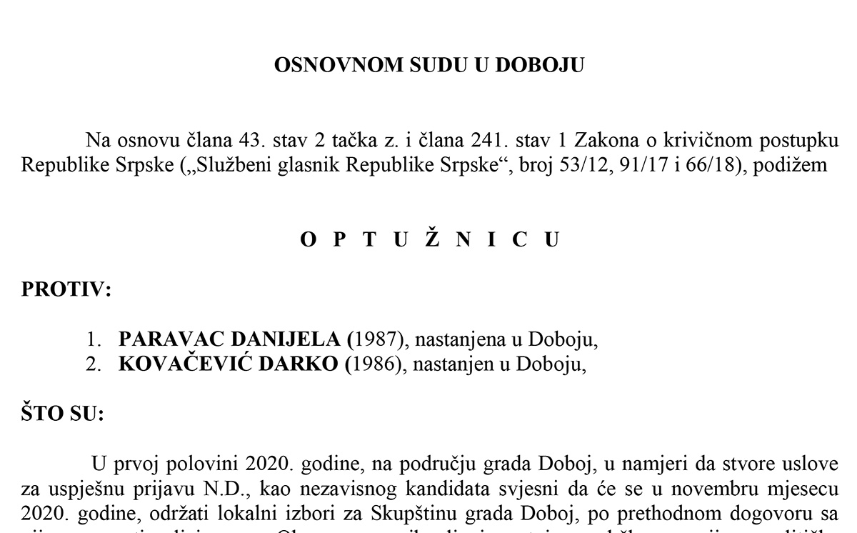 PONIŠTENI IZBORI 2020: Potvrđena optužnica protiv Paravac Danijele i Kovačević Darke zbog neovlaštenog korištenja ličnih podataka i falsifikovanja isprave