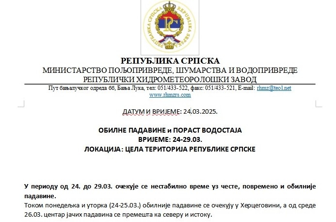 UPOZORENJE RHMZ-a: Očekuju se obilne padavine i porast vodostaja širom Republike Srpske