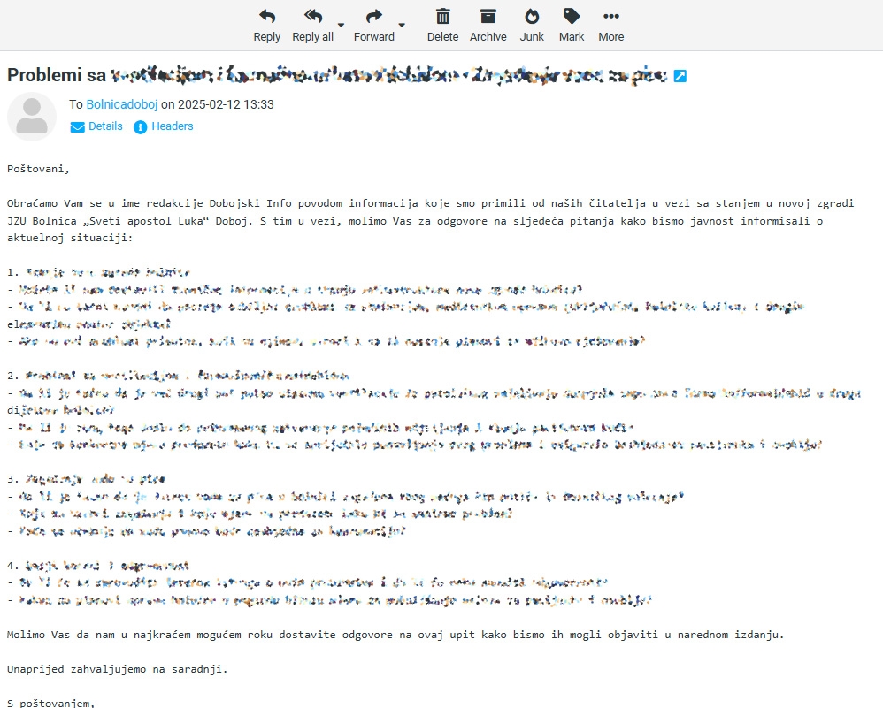 Najava zvaničnog upita za upravu JZU Bolnica „Sveti apostol Luka“ Doboj