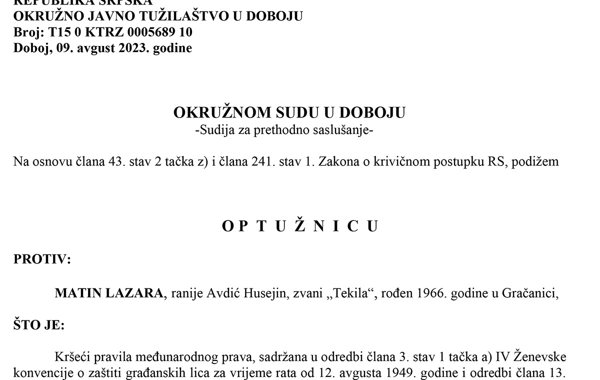 DOBOJ: Optužnica protiv Matina Lazara za ratni zločin u Derventi