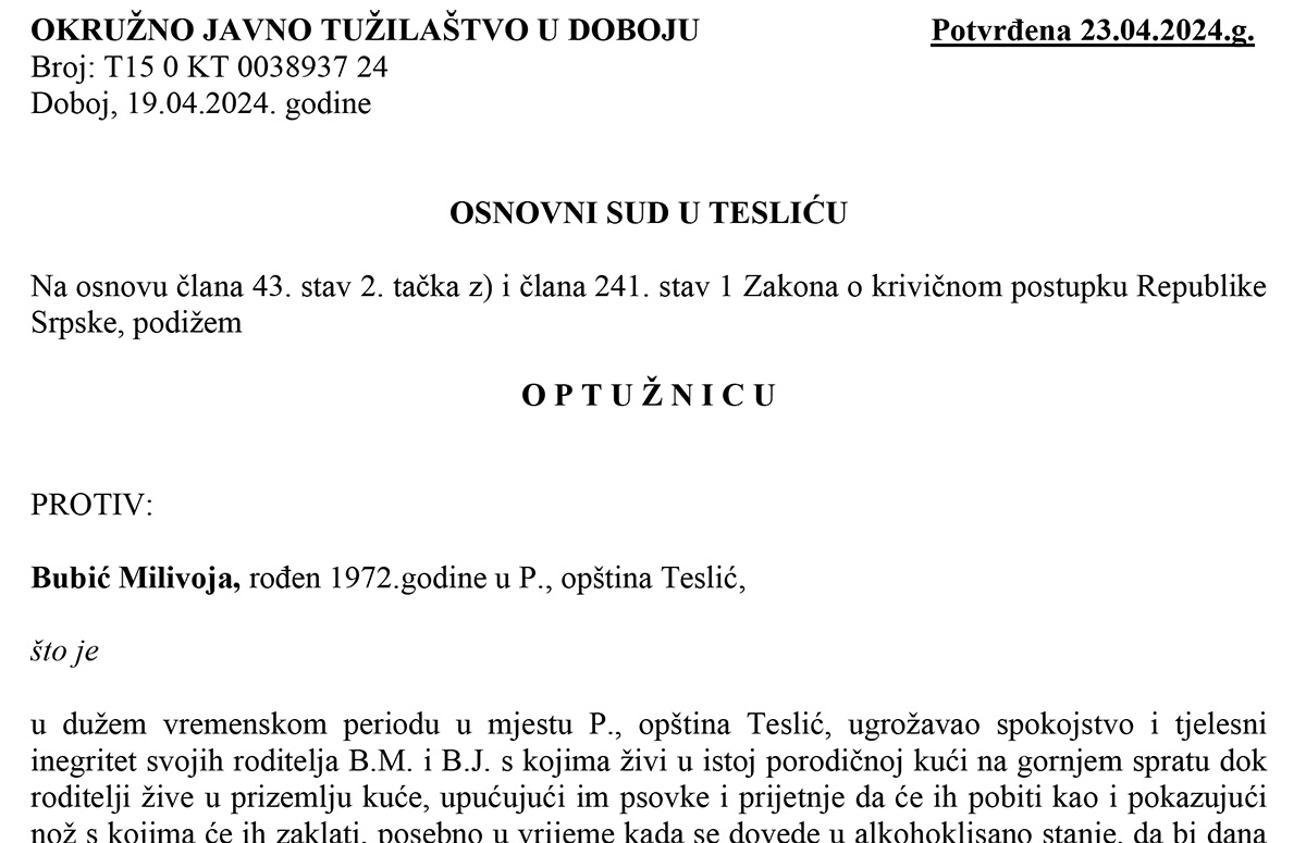 DOBOJ: Potvrđena optužnica zbog krivičnog djela nasilje u porodici ili porodičnoj zajednici