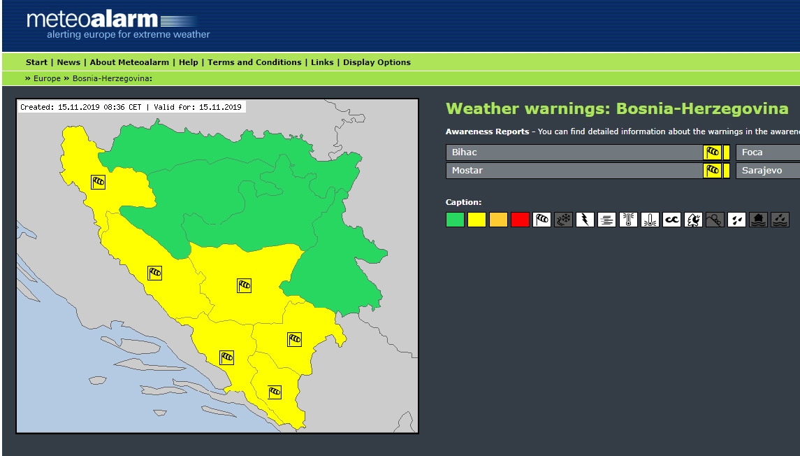 METEOALARM: Žuto upozorenje zbog olujnih udara u BiH