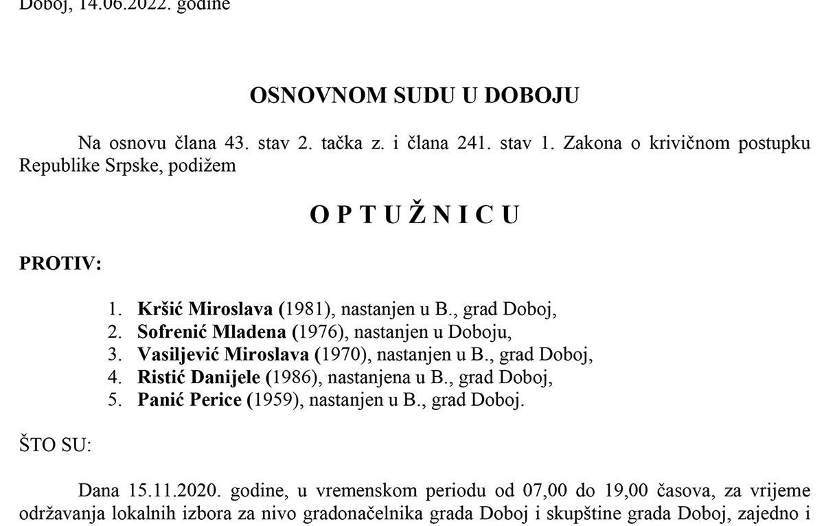 PONIŠTENI IZBORI 2020: Potvrđena optužnica protiv pet članova biračkog odbora zbog izborne prevare - Boljanić A