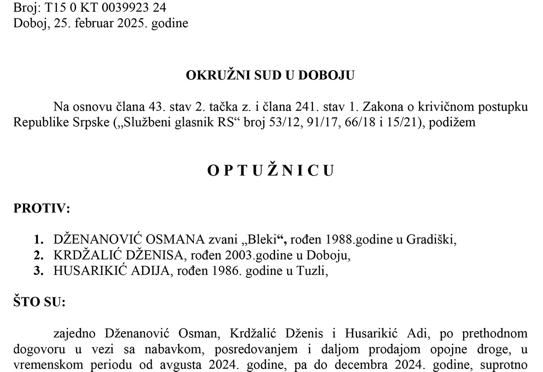 DOBOJ: Potvrđena optužnica protiv trojice zbog trgovine drogom