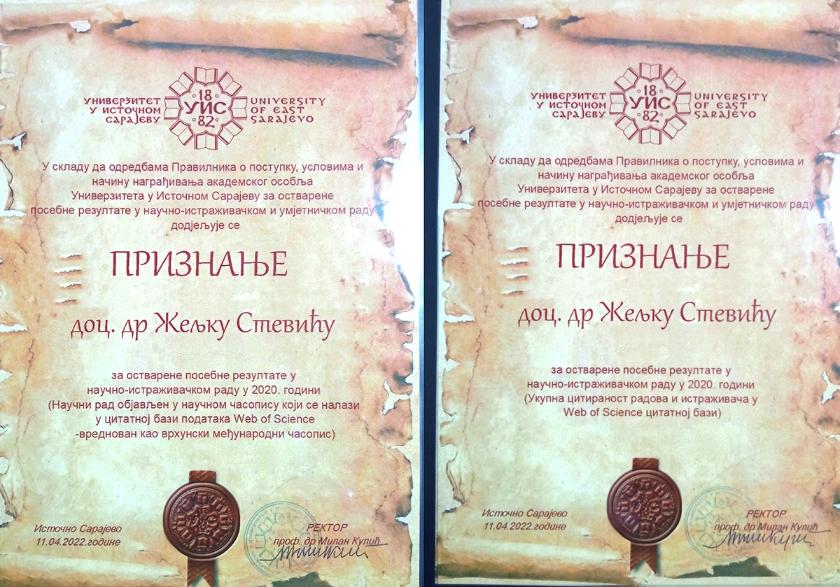 OTVORENO PISMO DOC. DR ŽELJKA STEVIĆA: Rektore, vraćam Vam dva priznanja koja ste mi dostavili poštom!