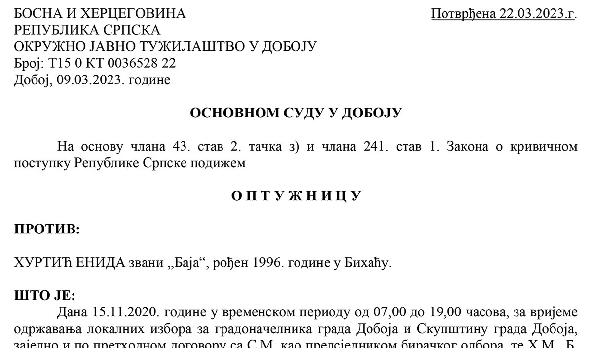 PONIŠTENI IZBORI 2020: Potvrđena optužnica protiv Hurtić Enida zbog izborne prevare - Grapska Gornja