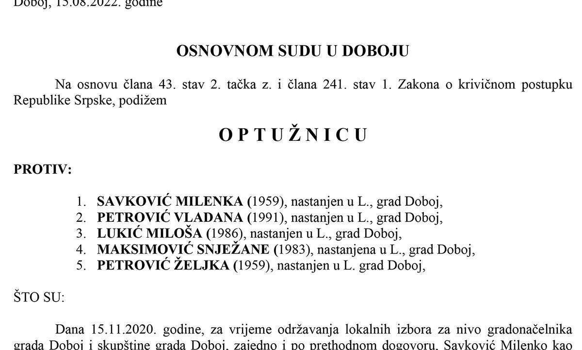 PONIŠTENI IZBORI 2020: Potvrđena optužnica protiv pet članova biračkog odbora zbog izborne prevare - Lipac A