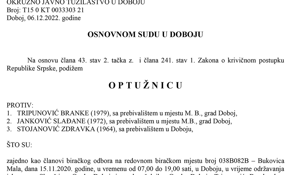 PONIŠTENI IZBORI 2020: Potvrđena optužnica protiv tri člana biračkog odbora zbog izborne prevare - Bukovica Mala