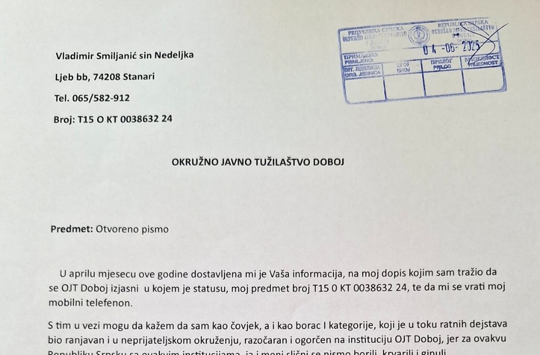 BORAC IZ STANARA UPUTIO OTVORENO PISMO TUŽILAŠTVU: “Umjesto da se bave korupcijom, bave se fotografijama”