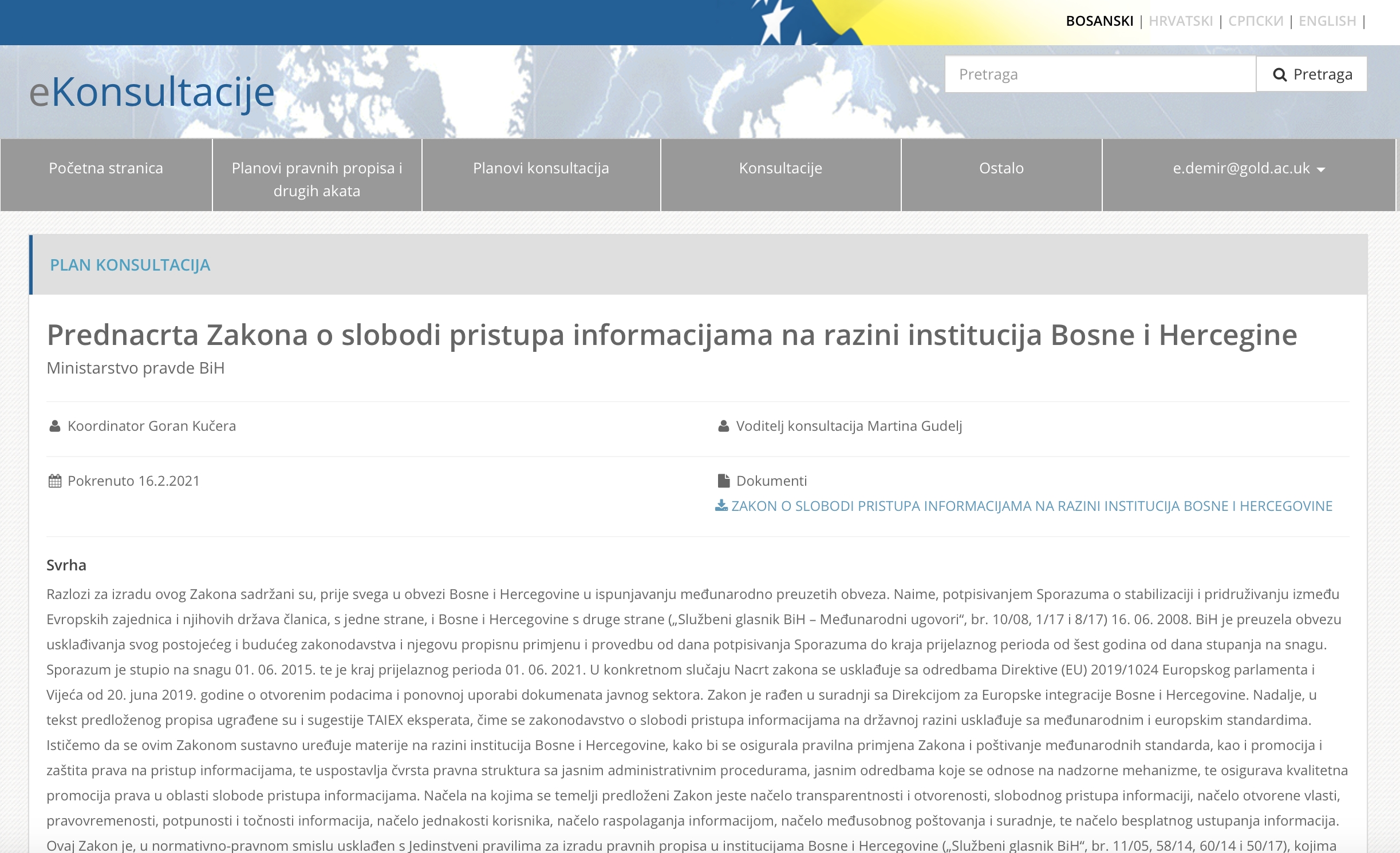Otvorene javne konsultacije na prednacrt Zakona o slobodi pristupa informacijama na razini institucija Bosne i Hercegovine