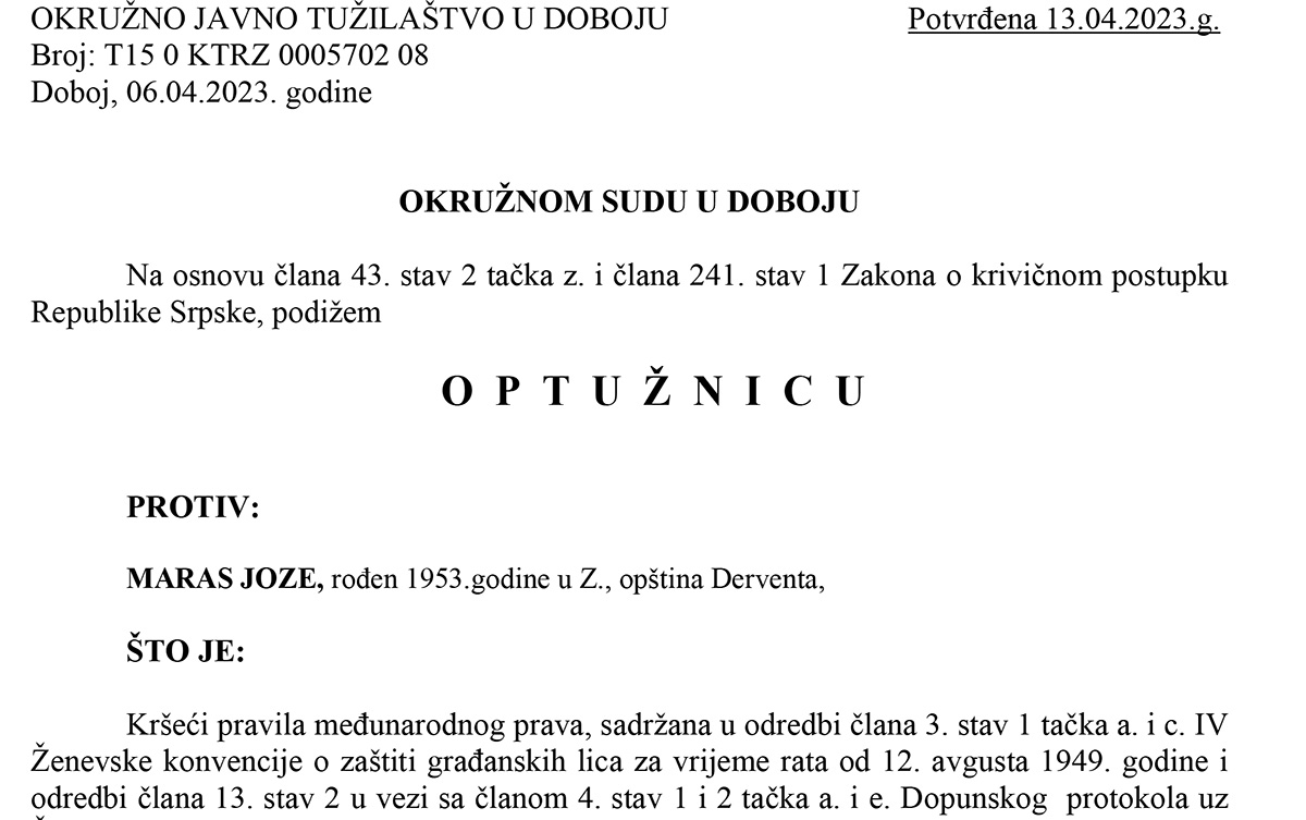 DOBOJ: Potvrđena optužnica protiv Maras Joze za ratni zločin u Derventi