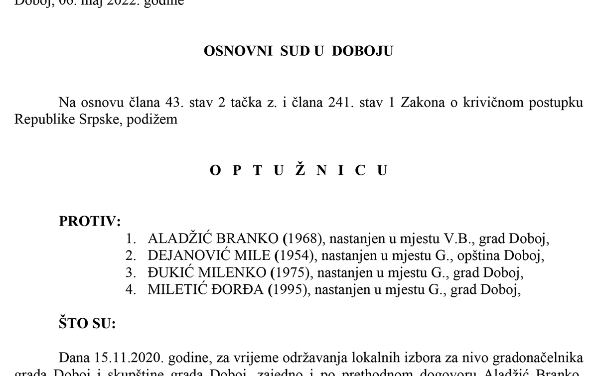PONIŠTENI IZBORI 2020: Potvrđena optužnica protiv četiri člana biračkog odbora zbog izborne prevare - Grabovica