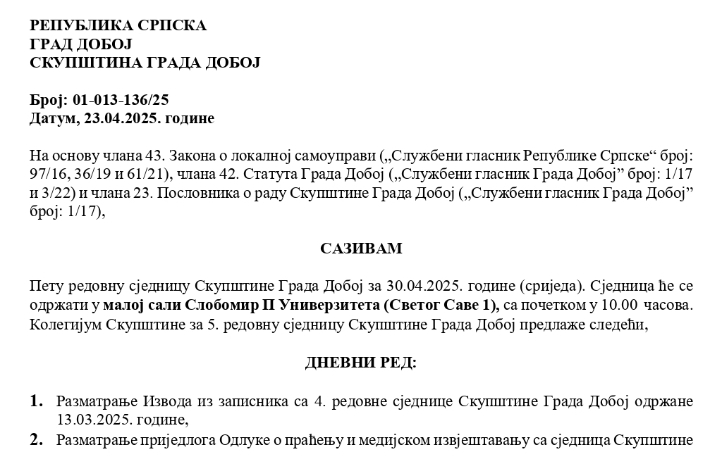 DOBOJSKI INFO NAJAVLJUJE: Danas peta redovna sjednica Skupštine grada Doboj