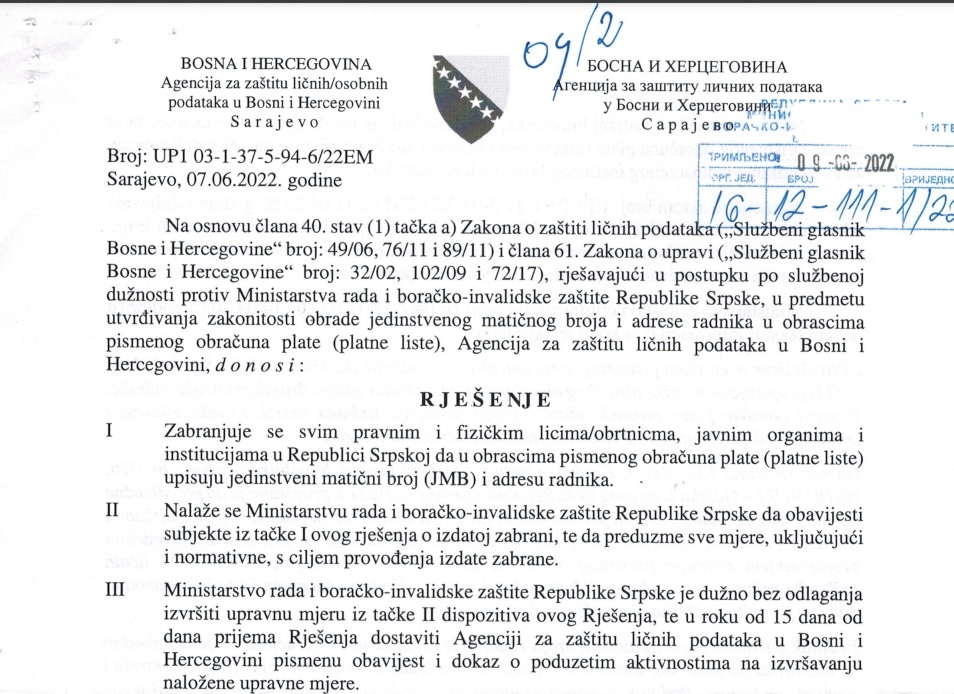 KRŠENJE ZAKONA Adresa i matični broj ne smiju na platnu listu