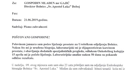BOLNICA DOBOJ: Pismo zahvalnosti g-dina Smaila Ibrahimpašića