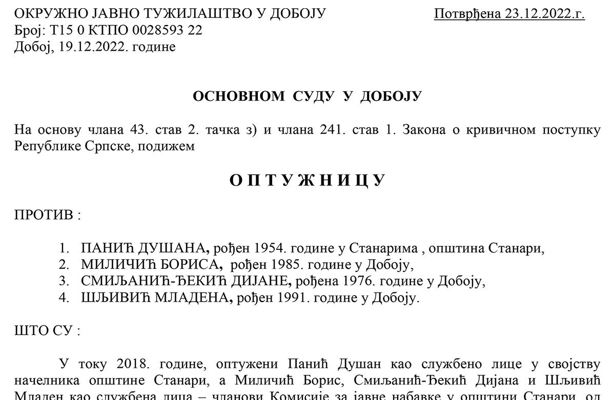 DOBOJ: Potvrđena optužnica protiv Panić Dušana, Miličić Borisa. Smiljanić - Đekić Dijane i Šljivić Mladena